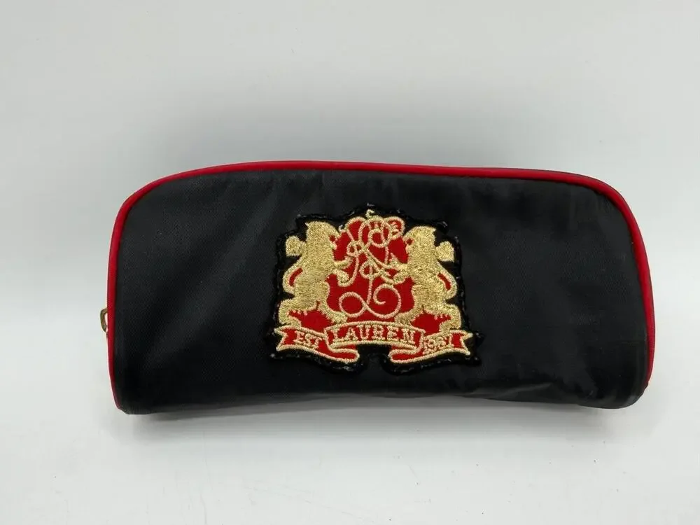 Lauren Ralph Lauren Black Red Gold Crest Zip Makeup Cosmetic Travel Bag Pouch